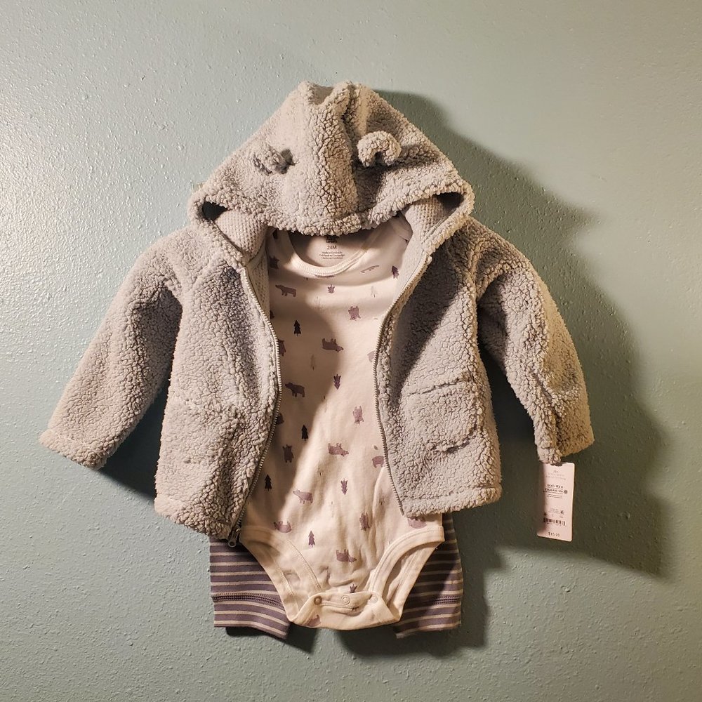 NWT Carter's Fuzzy Bear Hoodie, Onesie, Pants Set 24 Months